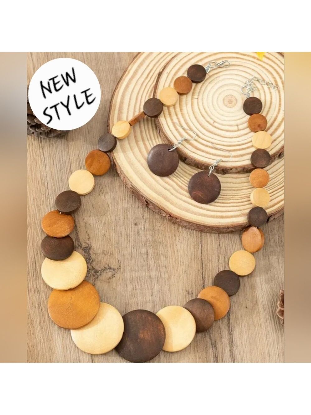 Last One BOHO TRIBAL WOOD DISC  BEADED NECKLACE AND
